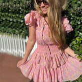 Sweet Style Frilled Tiered Ruffle Floral Printed Mini Dress - Pink